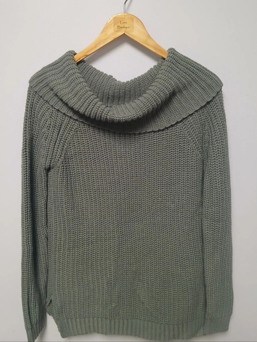 FAVLUX Chunky Knit Cowl Neck Sweater Gray Green Small